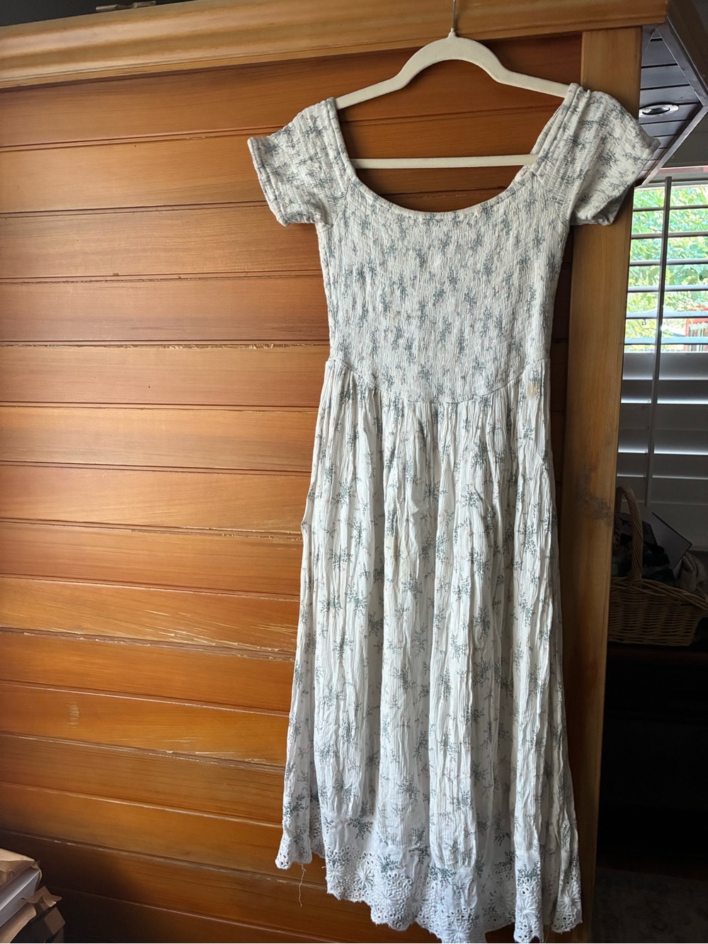 Roxy Cream and Pale Blue Floral Midi Dress smocked bodice